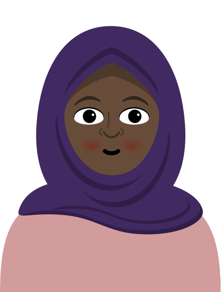 Illustration: A front end developer wearing a purple hijab and salmon shirt smiles and blushes.
