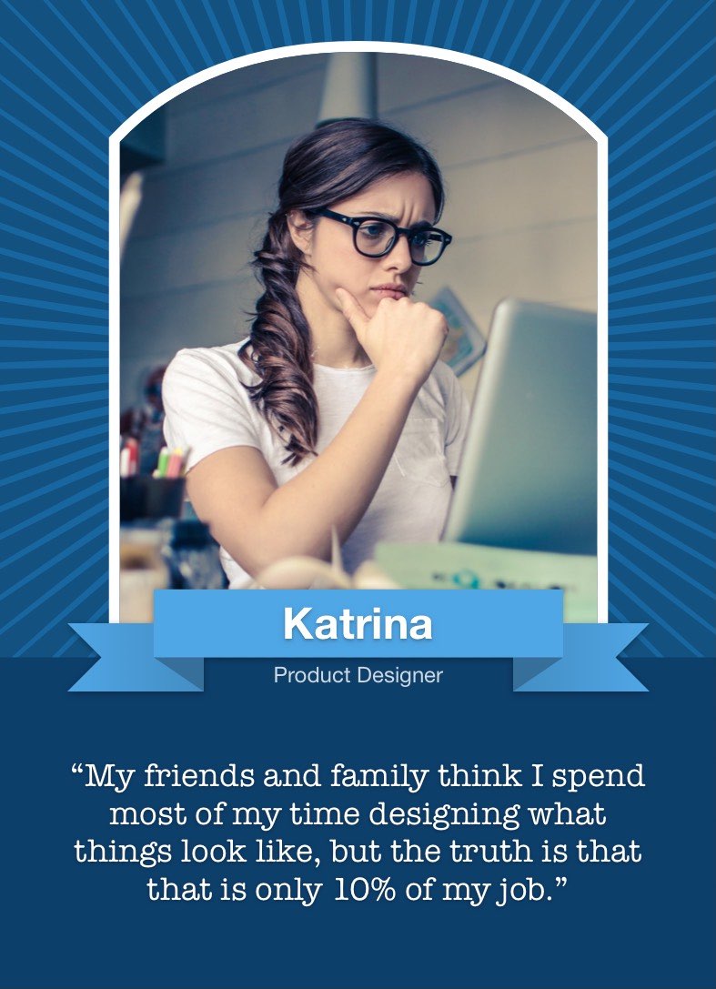 The front of the persona card shows a large portrait with a banner underneath giving the persona's name and title, along with a quote from a typical user.