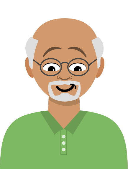 Illustration: A balding male user researcher with a goatee and a green polo smiles mischievously while looking down.