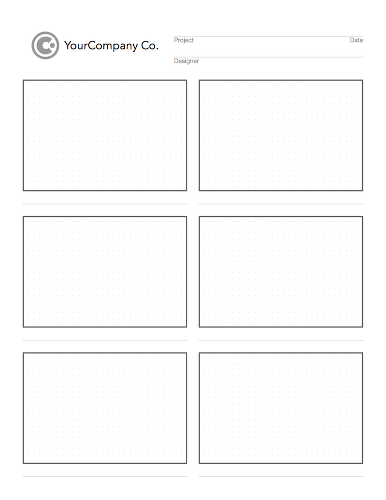 A printed sketching template with a header at the top including a generic logo and lines to add project details, with six boxes below that have a quarter inch dot grid inside them, and a line below each box to add notes.