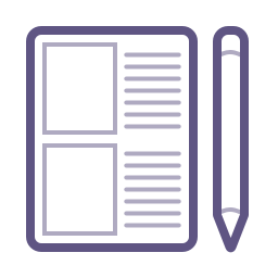 Icon: A sheet of paper filled with two empty boxes stacked and lines to add notes beside them. A pencil sits next to the paper.