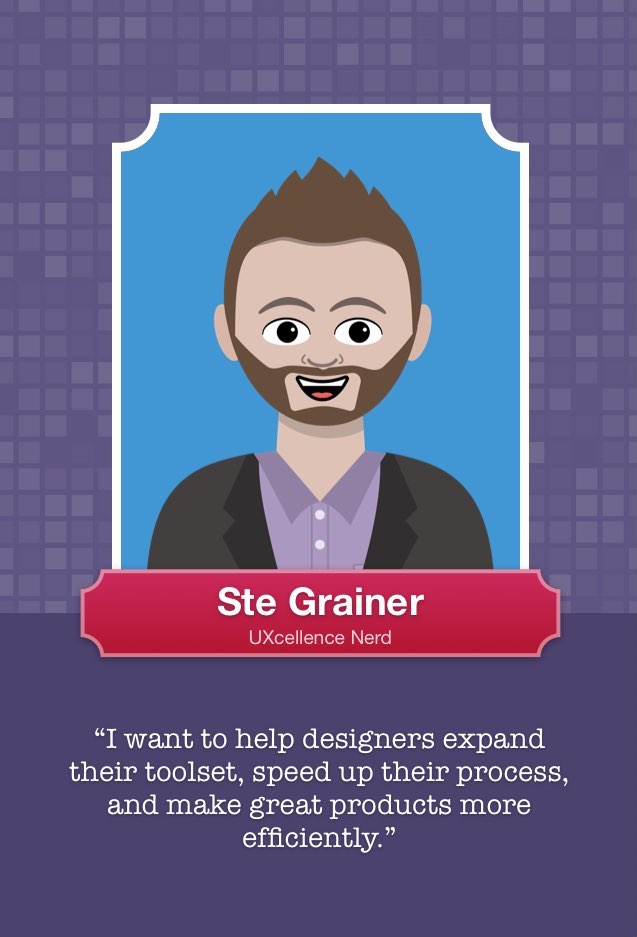 A copy of the Persona Card with a photo of Ste Grainer, creator of UXcellence and the UX Compendium