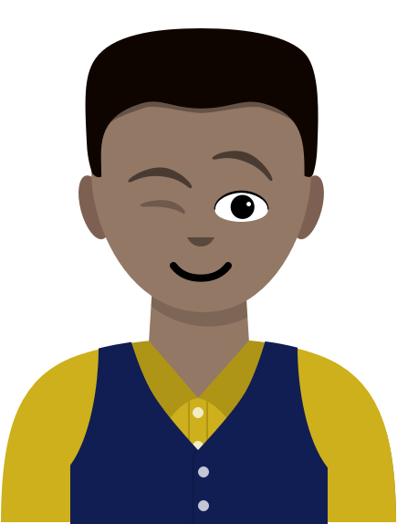 Illustration: A male UX designer wearing a yellow shirt and navy vest winks and smiles.