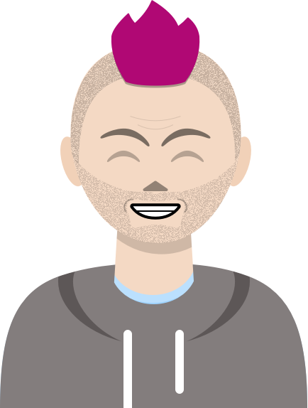 Illustration: A male visual designer with a pink mohawk and a grey hoodie grins with his eyes shut in glee.