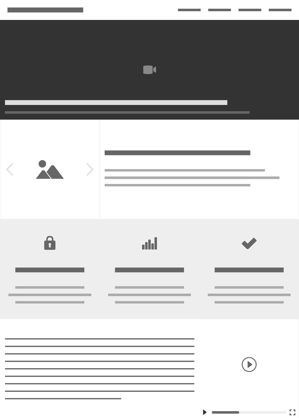 A wireframe of a landing page. At the top is a navigation bar with a left-aligned title, and right-aligned links followed by a hero block a video icon and heading at the bottom. Below is a carousel with a summary to the right of it, then three centered feature blocks with different icons (a lock, a chart, and a check mark), followed by a longer paragraph with a small video block to the right of it.