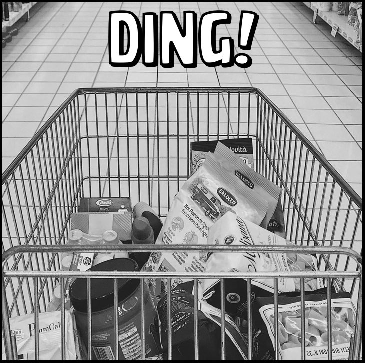 Panel 4: In the store while looking at her shopping cart, a Ding sounds.