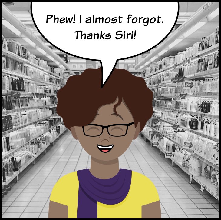 Panel 6: The woman, still in the store, smiles and says, 'Phew! I almost forgot. Thanks Siri!