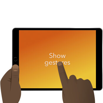 A dark brown left hand holds the edge of a tablet in landscape orientation. The screen reads 'Add gestures' while a right hand points at the screen with one finger.