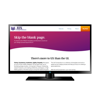 A black TV monitor shows a screenshot of the UX Compendium site.
