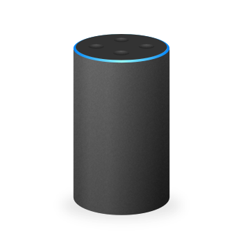 A black Amazon Echo has the blue activity ring lit up as if listening or talking.