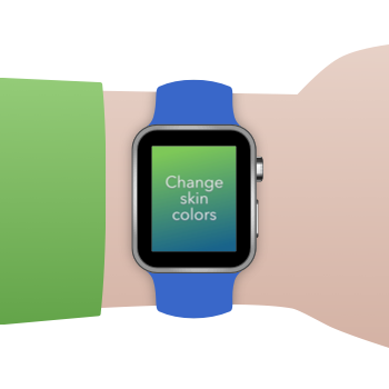 A white arm is held up showing a watch with a blue band. The watch screen says 'Change skin colors'.
