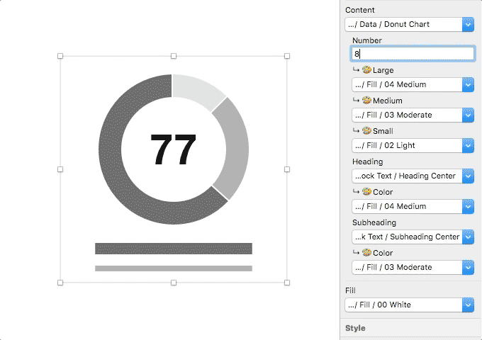 Animation: A user changes symbol overrides to change the colors of a donut chart from shades of grey to blue, green and yellow, then changes the overall symbol background color from white to a light grey.