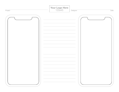 Sample: A printed sheet with two iPhone X mockups, a header, and space for notes.